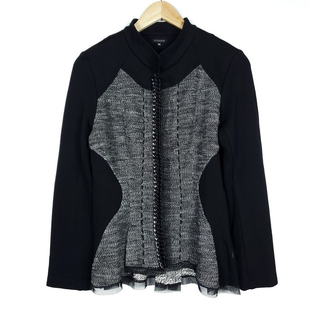 Komarov Womens Jacket Medium Black Gray Snap Button Down Knit Sweater Coat